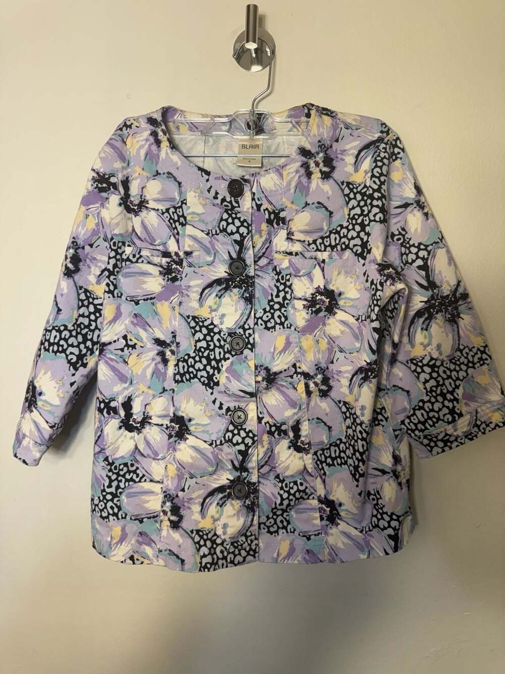 Blair Women's Button Front Floral Leopard Print ¾ Sleeve Jacket Blouse
